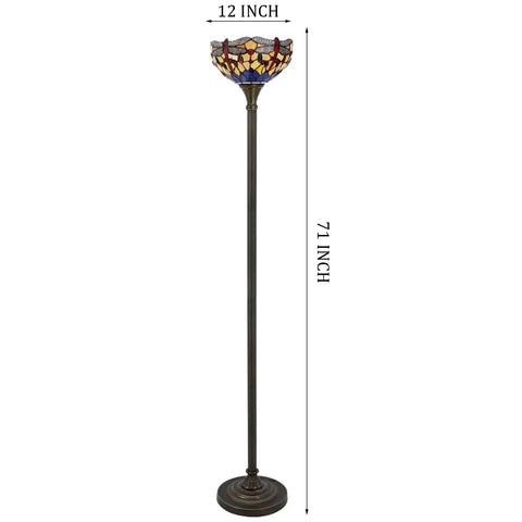Tiffany Style Floor Lamp With Bold Orange Blue Dragonfly Stained Glass Shade, 12 Inch Wide, 71 Inch Tall Torchiere Uplight For Corner, Bedroom Or Living Room, Antique Bronze Base, UL Listed, Foot Switch, LED Bulb Required