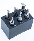Beefy Single End 2 Flute End Mill Set, 6 Pieces, 3/8 Inch Shank, High Speed Steel, Center Cutting, with Plastic Stand