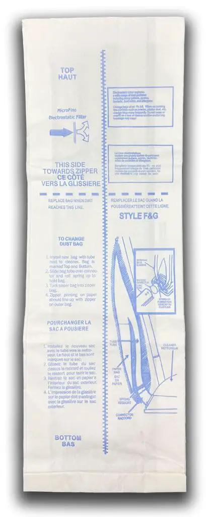 Drop In Replacement Micro Filtration Vacuum Bags For Eureka Type F And G, white bag with blue instructions text.