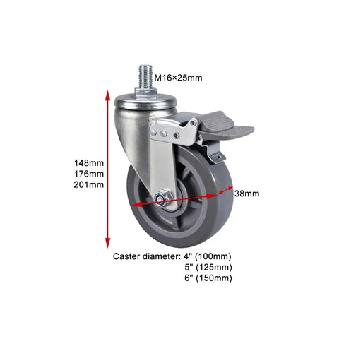 Beefy Heavy Duty Caster Wheels With Brakes For Furniture And Workbenches 360 Degree Swivel Plate Casters With M Threaded Stem Non Slip PU Wheels