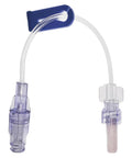 IV extension set with clear tubing and purple Luer-lock connectors for veterinary/lab use; sterile packaging