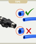 Set Of 3 6mm Pneumatic Ball Valves Push To Connect Fittings with correct and incorrect hose fitment tips shown
