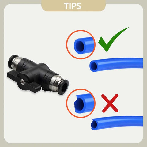 Set Of 3 6mm Pneumatic Ball Valves Push To Connect Fittings with correct and incorrect hose fitment tips shown