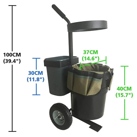 Rolling Garden Cart For Yard And Lawn Work Heavy Duty Mobile Tool Cart With Oxford Bag And 5 Gallon Bucket, side view.