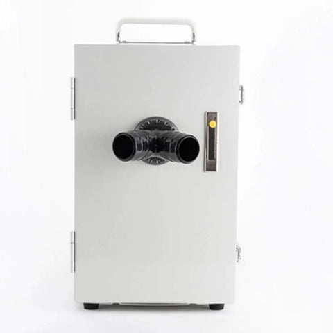 Heavy Duty 550W Dental Lab Dust Extractor With Digital Control Panel And Twin Impeller Pump front view showing twin pipe and controls.