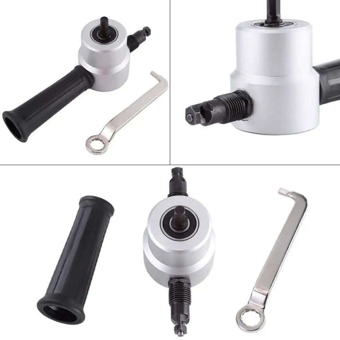 Power Drill Nibbler Attachment For Metal Sheets With Double Head And 360 Degree Adjustable Operation, wrench and handle shown.