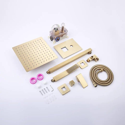 Dope Brushed Gold 10-Inch Rainfall Shower System With Wall Mounted Rain Head And Handheld Combo Rough-In Valve Body And Trim