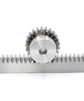 Heavy Duty 6 Piece 2M Module Straight Spur Rack And Gear Set 1000mm X 20mm Steel Precision Components on display.