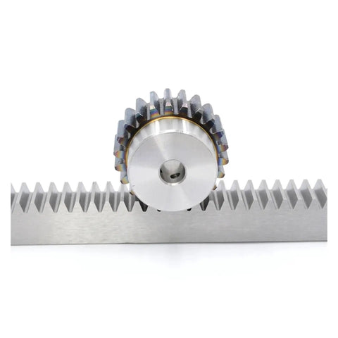 Heavy Duty 6 Piece 2M Module Straight Spur Rack And Gear Set 1000mm X 20mm Steel Precision Components on display.