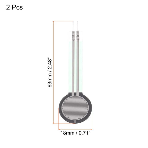 Front view of MECCANIXITY FSR402B thin-film force sensor pad, round 18 mm dia with two metal leads; 2-pack