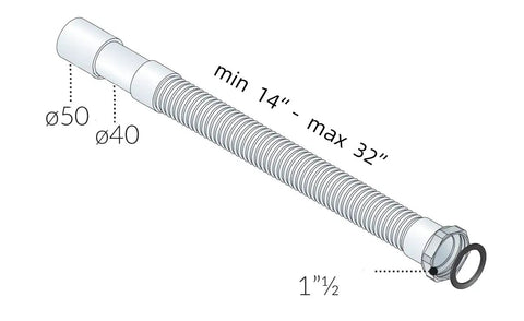 Flexible drain hose with measurements, compatible with slim low profile shower drain with chrome plated ABS body 90mm outlet.