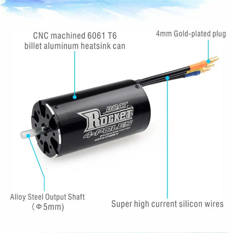 Top Shelf 4074 Brushless Motor Paired With Water Cooling Jacket For Remote Boats High Torque Heavy Duty Billet Aluminum Build with gold-plated plug.