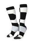 Black And White Piano Grid Thigh High Socks Unisex Breathable Moisture Wicking Crew Socks For Women Men, displayed at angle.
