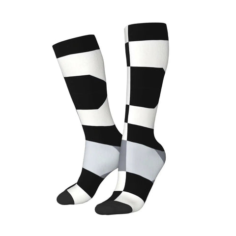 Black And White Piano Grid Thigh High Socks Unisex Breathable Moisture Wicking Crew Socks For Women Men, displayed at angle.