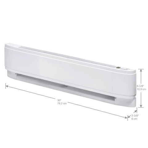 30 Inch Proportional Linear Convector Baseboard Heater With Built In Thermostat 240V 208V 1000W 750W White Energy Efficient Low Noise Quiet Operation Easy Install, front view with dimensions