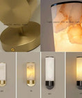 Single Natural Alabaster Rock Wall Sconce With Polished Brass Trim Features E14 Socket And Game Changer Soft Glow, lit display for bathrooms, bedrooms, halls.