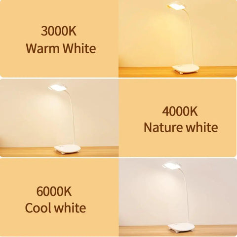 Cordless Desk Lamp With 40 LED Panel, Rechargeable Big Battery, Touch Dimmer, Three Lighting Modes on desk showing light tones