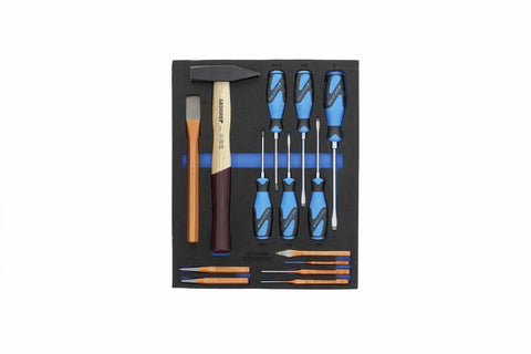 TS-147 Tool Kit In Check-Tool Modules showing screwdrivers, hammer, and punches in two-colored foam insert.