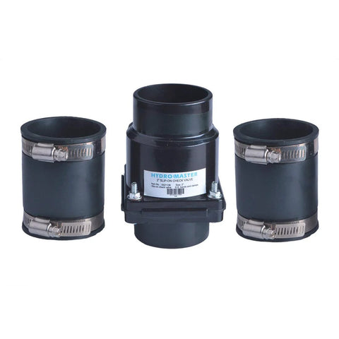 Hydro Master 2-inch plastic sump pump check valve with stainless steel clamps, 3-piece set.