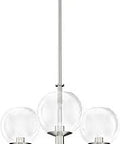 3 Light Candle Chandelier In Brushed Nickel with clear glass, mid-century modern ceiling light, dimmable, easy install, DIY friendly.