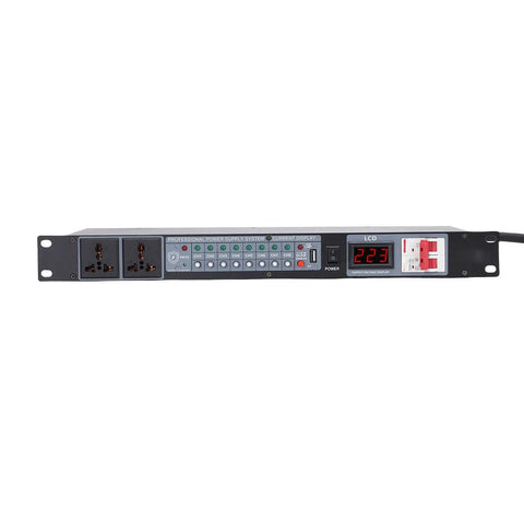 10 Outlet Rack Mount Power Sequencer With Independent Controls To Fire Up Your Audio Rig Safely And Keep Things Running Smooth While Shielding Your Gear From Nasty Static Pops With Us Plug, displaying front view with LCD and switches.