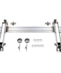 Lowkey Silent 180 Degree Parallel Opening Door Hinge Featuring Heavy Duty Steel Build And Integrated Soft Close Buffer For Smooth Motion And Hassle Free Installation with accessories on a white background.