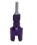 LiebeWH Integrated Pipe Threading Tool With Dual Function Design For Cutting Precis Accurate Threads On 1/2 And 3/4 Inch Pipes Using Standard Electric Drill Ideal For Durable PVC Home Repair Projects, close-up view of purple pipe threading bit.