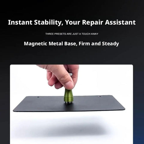 Hand holding Magnetic Soldering Helping Hands Set with Four PCB Holders and Magnetic Pillar Stands on black metal base.