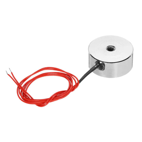 DC 12V 5Kg Holding Electromagnet Lifting Magnet Solenoid With Sucking Disc For Fast Magnetic Lifts 25x11mm Body 250mm Lead M4 Mounting Thread Built To Last Industrial Lifter For Automation And DIY Projects, with visible wires and disc.
