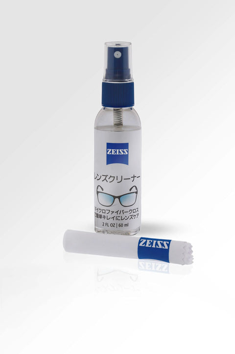 ZEISS lens cleaner kit: 2 oz spray bottle with blue nozzle and microfiber cloth roll