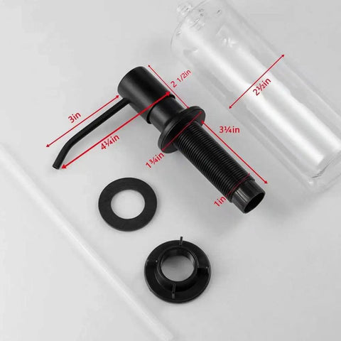 Built In Kitchen Sink Soap Dispenser With 17 Ounce Bottle Black Stainless Steel components on display, labeled measurements