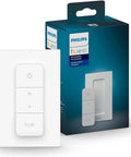 Hue Smart Dimmer Switch Remote White 1 Pack Turns Lights On Off Dim Brighten No Wiring Needed No Fuss Setup next to packaging