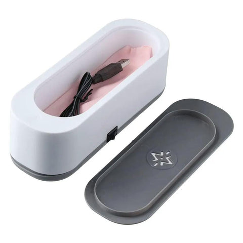 Portable Ultrasonic Jewelry Cleaner Mini Home Cleaning Kit For Glasses, Dentures And Bling, 250ml Tank open with cord inside
