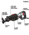 Top Tier 8.5 Amp Orbital Reciprocating Saw With Variable Speed Trigger and Lightning Fast Tool Free Blade Swaps for Slick Wood Cutting and Tough Demo Work with labels.