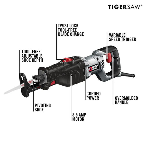 Top Tier 8.5 Amp Orbital Reciprocating Saw With Variable Speed Trigger and Lightning Fast Tool Free Blade Swaps for Slick Wood Cutting and Tough Demo Work with labels.