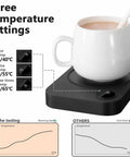 Smart Desk Mug Warmer With Three Adjustable Heat Modes And Built In Safety Timer For Auto Shut Off displaying temperature settings and cup.