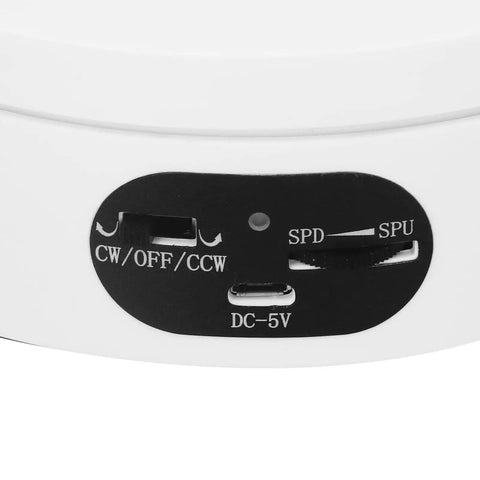 Close-up of control panel on Motorized 360 Degree Rotating Turntable Stand For Jewelry Photography with buttons and ports.