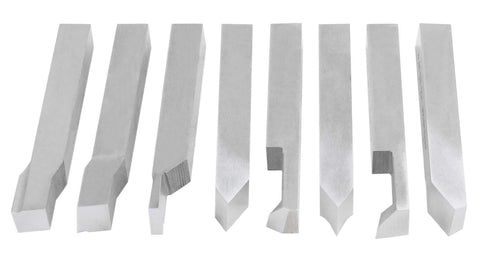 Pro-Grade 8 Piece Three Eighths Inch HSS Tool Bit Set for Turning and Facing, pre-ground lathe tools with various tip angles