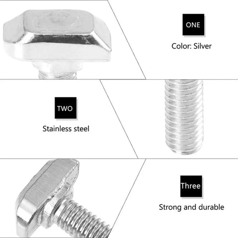 50 Piece M8x25 T Slot Hammer Head Bolt And Tee Nut Kit For Aluminum Extrusion Frames Build With Hella Sturdy Carbon Steel Construction And No Sweat Installation For 3D Print Shop Builds close-up of stainless steel hammer head bolt showing threads and silver finish.