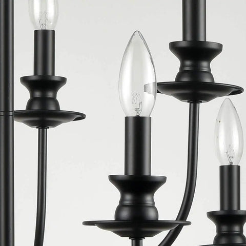 Close-up of Modern Farmhouse Candle Style Dining Room Chandelier In Black Metal 32 Inch Two Tier Canopy Sturdy Industrial Fixture