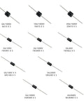Bulk 600Pcs 1/4W 1% Metal Film Resistor Kit With 30 Values And 50Pcs Schottky Diode Kit 1N5401 1N5408 1N5822 MUR460 SR5100 HER508 SR5200 Ideal For Hobbyists Makers And Pro Electronics Projects showing assorted diodes