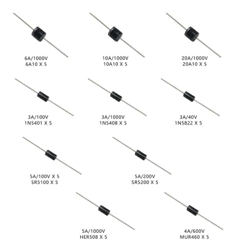 Bulk 600Pcs 1/4W 1% Metal Film Resistor Kit With 30 Values And 50Pcs Schottky Diode Kit 1N5401 1N5408 1N5822 MUR460 SR5100 HER508 SR5200 Ideal For Hobbyists Makers And Pro Electronics Projects showing assorted diodes