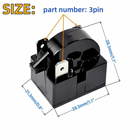 3 Pin PTC Starter Relay And Overload Kit For Refrigerator Compressors 4.7 Ohm 110V, dimensions and part number shown