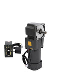 Electric gear motor with 90° right-angle output shaft and control box; black metal housing.