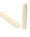 Two hardwood dowel pins from 120 Piece Wooden Dowel Pins Set 5x30mm Fluted Dowels With Beveled Ends for woodworking projects.