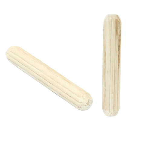 Two hardwood dowel pins from 120 Piece Wooden Dowel Pins Set 5x30mm Fluted Dowels With Beveled Ends for woodworking projects.