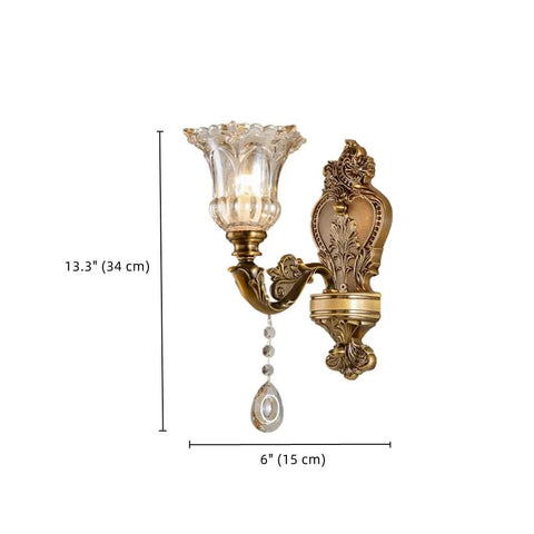 Matte Brass Vintage Wall Mount Lamp With Beveled Crystal Shade, Antique Floral Sconce Light, 1 Light, Classic Curved Arm, UL Listed