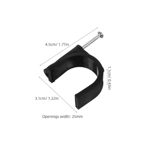 Black Plastic Half Round Tube Clamps 25mm Pipe Support Fixtures Cable Hose Fasteners For Industrial And Scientific Workholding Applications Pack Of 100, showing dimensions and single clamp with screw.