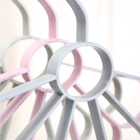 Fan Shaped Closet Rod Organizer For Ties Scarves And Hats Made From Sturdy Polypropylene showcasing grey and pink design.