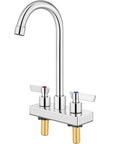 Slick Polished Chrome Bar Sink Faucet Featuring A Solid Four Inch Centerset Spout Rising Eight Point Three Inches Crafted From Tough SUS304 Steel With Zero Fuss Operation For Laundry Bar Cabinet Or Rv Setup That Really Stands Out, showing dual handles and a tall spout.